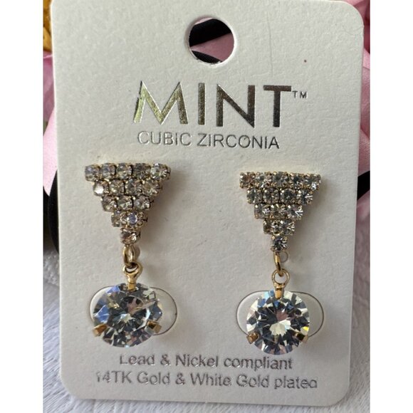 Mint Lead Nickel Free 14K Gold & White Gold CZ Earrings Triange Drop NEW - Picture 5 of 7